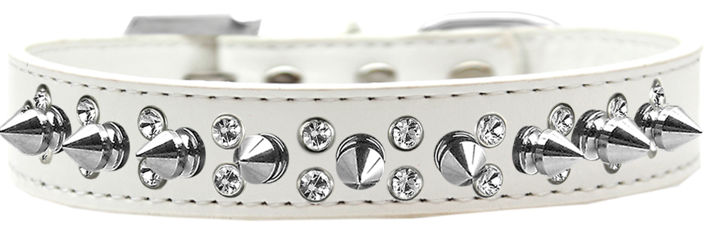Double Crystal and Silver Spikes Dog Collar White Size 16